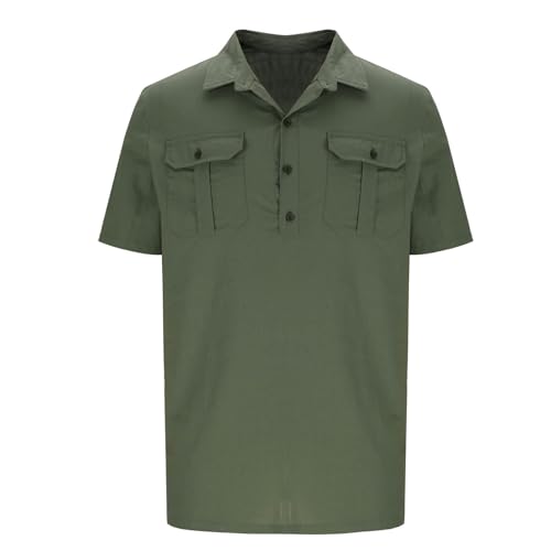 Linen Shirt for Men Button Collared T-Shirt Short Sleeve Summer Beach Clothes Casual Hawaiian Dress Tops with Two Pocket4