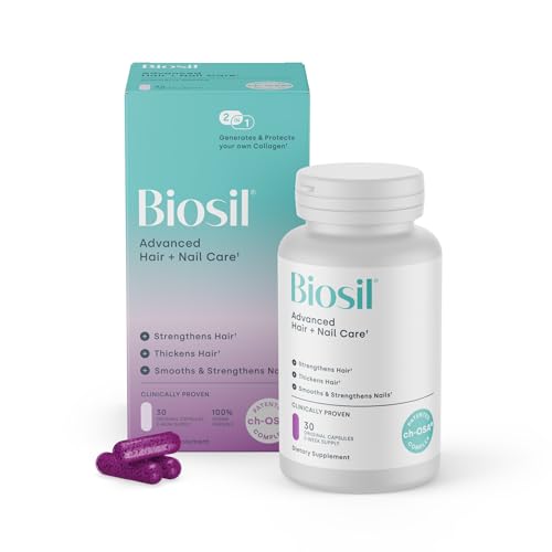 Biosil Advanced Hair + Nail Care - 30 Capsules - Grow Strengthen & Thicken Hair and Nails - with Patented ch-OSA & Biotin - 15-Day Supply