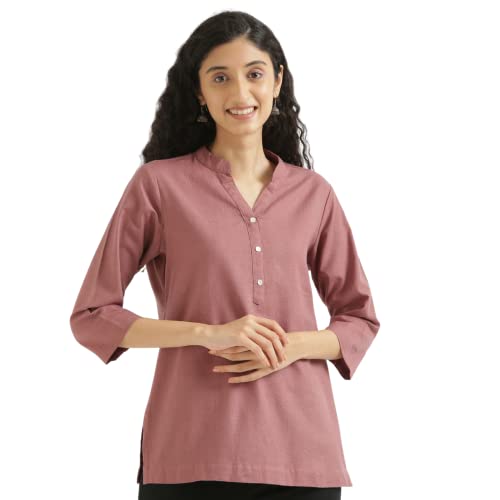 Image of SAADAA Women Short Kurti Airy Linen Regular Fit Kurta with 3 /4th Sleeves, Mandarin Collar, Side Slit Perfect for Casual, Formal, and Ethnic Wear