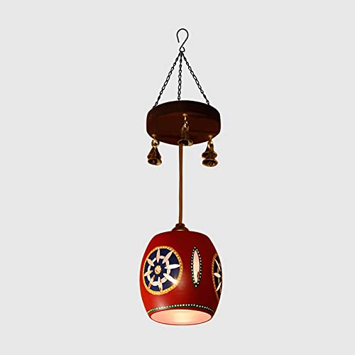 Image of AAKRITI ART CREATIONS Star Glow Red Handcrafted Metal Pendant Lamp with Mango Wood Rosette for Living Room Ceiling | Hanging Lamp Decor | Ceiling Hanging Lights for Living Room | Fancy Lights for