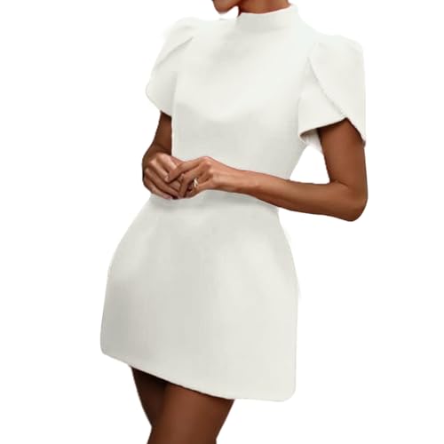 Image of AMPOSSTO Women's Elegant Bow Backless Hollow Out Mini Dress Turtleneck Short Sleeve Pad Shoulder Dresses for Party Cocktail