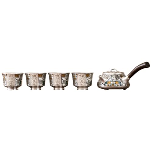AOUGN 茶器 おしゃれ 、手作り茶器セット、急須セット、ティーポット 、 抗菌、鮮度保持 、茶湯柔らかく、 出水スムーズ 、持ちやすい 、純銀内壁、実用的、耐久性、中国風藍地象紋、 美的デザイン、 贈答用、收藏向け、茶道愛好家に最適、 (横手急須と馬蹄