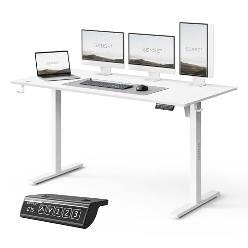 SENSE7 Nojo Light Bureau Électrique Blanc 140x70cm, Charge 70kg – Grand Bureau Minimaliste avec Mémoire & Moteur Silencieux