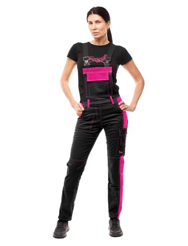 strongAnt Latzhose Damen Strong Cotton Stretch mit Kniepolstertaschen Latzhose für Handwerk und Bau – Schwarz-Pink, Gr. 46