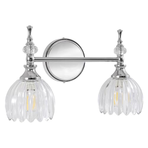 Image of ANDY STAR 2-Light Chrome Bathroom Vanity Light, Transitional Sconce | Ribbed Glass & Crystal Accent, Damp-Resistant, Ceramic E12 Base, Reversible Up /Down Mounting