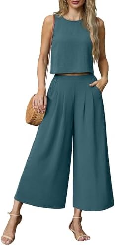 Lepunuo Womens Summer 2 Piece Outfits Sleeveless Crop Top Flowy Wide Leg Pants Matching Sets Vacation Beach Travel Outfits