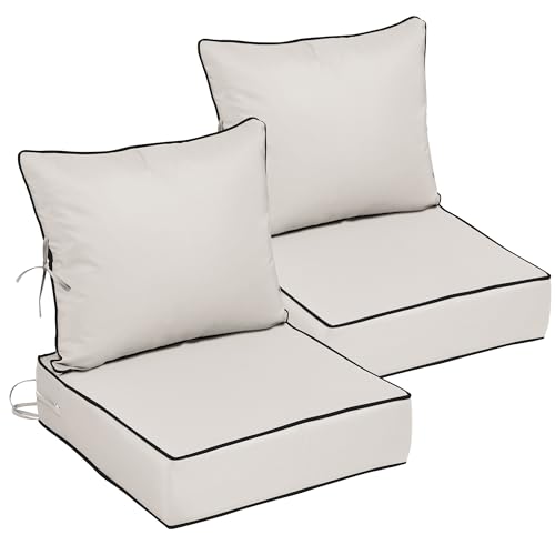 Image of 24x24 Outdoor Chair Cushions Set of 2, Waterproof Deep Seat Cushions for Patio Furniture with Removable Cover,Fade Resistant 4'' Outdoor Seat Cushion with Ties Handle for Sofa Couch,Cream Black Piping