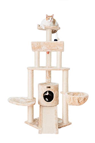 Torre para Gatos Beige de 58 Pulgadas con Canasta, Rampa y Condo miniatura 1