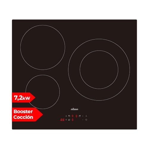 Nilson Table à Induction Verre noir, NI3600. 3 Zones de Cuisson, 7200 W, 9 Niveaux de Cuisson, Commande tactile, Booster de puissance, Verrouillage, Minuteur