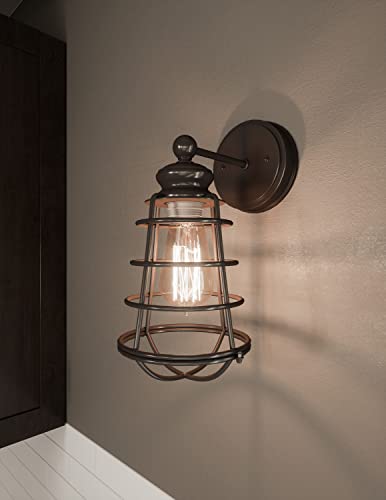 Image of Design House 519710 Ajax Industrial Modern 1-Light Indoor Wall Sconce with Metal Wire Cage for Bathroom Hallway Foyer Kitchen, Coffee Bronze