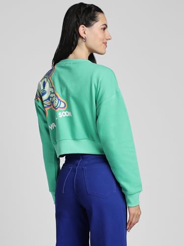 Image of JUNEBERRY Cotton Poly Fleece Official Disney Merchandise Regular Fit Orange & Green Mickey Mouse See Ya Real Soon Graphic Print Full Sleeve Sweatshirt for Women