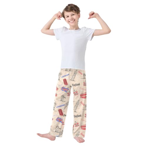 ZZXXB England London Boys Long Pants Soft Trousers Elastic Waist Kids Lounge Bottoms with Pockets S-XL2