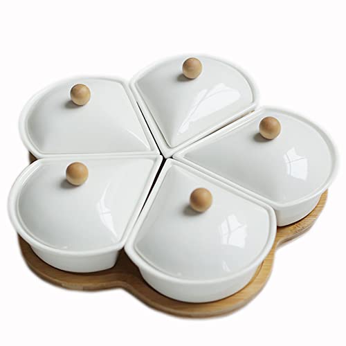 Wmm 11 Inch Ceramic Divided Serving Dishes With Bamboo Tray And Lids, 5 Removable Snack Bowls Relish Tray For Candy, Nut, Fruits, Chips And Dip #TOP7