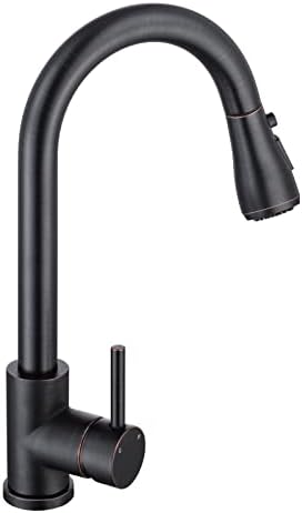 Oil Rubbed Bronze Kitchen Faucet with Pull Down Sprayer, Bronze faucet for Kitchen Sink Farmhouse Travel Trailer RV Stainless Steel Single Handle Single Hole or 3 Hole Kitchen Sink Faucet with Sprayer