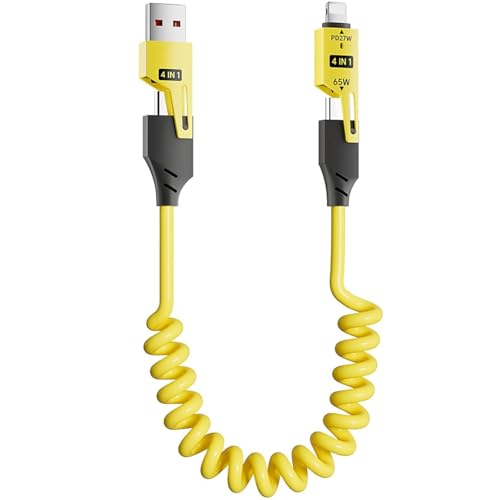 Cable de carga rápida con resorte 4 en 1, cable de carga multirápida USB-C de 65 W, cable cargador tipo C de carga multidispositivo de 4 pies, compatible con iPhone Samsung Laptop
