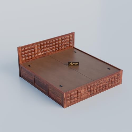 Image of Solid Sheesham Wood Queen Size Bed with Storage Box | Wooden Double Bed for Bedroom | Diamond Design Double Bed Cot Palang for Home | Rosewood, Honey Finish