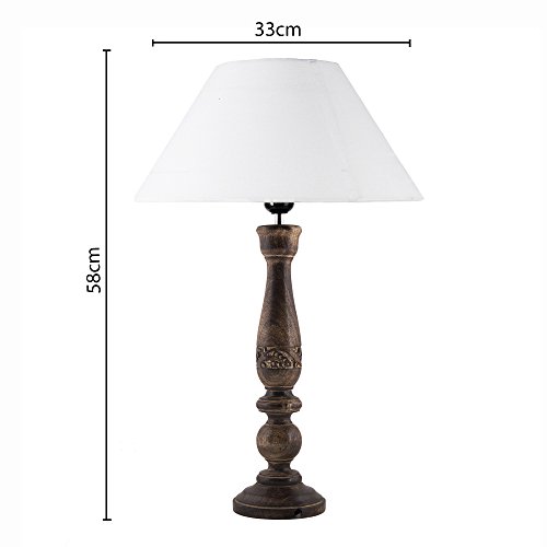Image of Homesake Handcrafted Wooden Table Lamp for Bedroom & Living Room | Decorative Bedside Reading Lamp with Fabric Shade, E27 Holder | Bulb Included | Black Floral Carved Base for Home Decor, White Cone