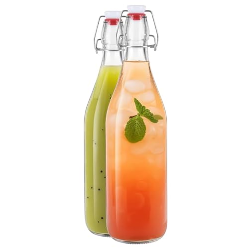 Image of Glassbunny Glass Bottle with Swing Cap 1000 ml 1 Litre Leakproof Airtight Flip Top Bottle with Stopper for Beverages Oil Vinegar Soda Kefir Beer Juice Fridge Water Bottles Pack of 2