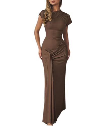 Mojessy Women Bodycon Maxi Dress Sexy Mock Neck Ruched Short Sleeve Long Dress Cocktail Dresses Brown
