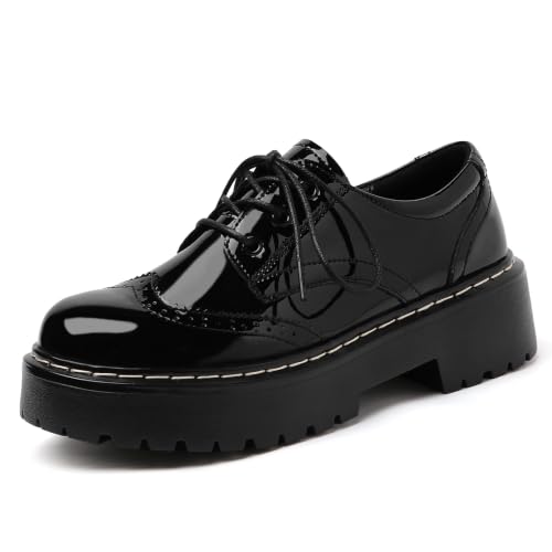 Image of Womens Oxford Shoes Black Leather Platform Oxford Shoes for Women Brogue