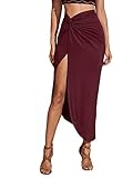 SheIn Women's Split Thigh Twist Front Midi Skirt High Waist Asymmetrical Slit Long Skirt Cover Up...