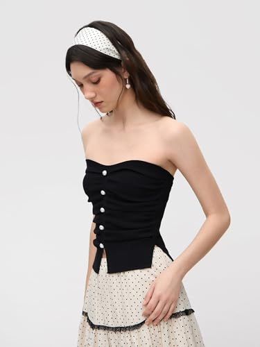 Image of CIDER Faux Pearl Tube Tops for Women Split Hem Knit Crop Y2K Going Out Tops | Cute Ruched Tops, Spring Summer Outfits, Vacation, Concert