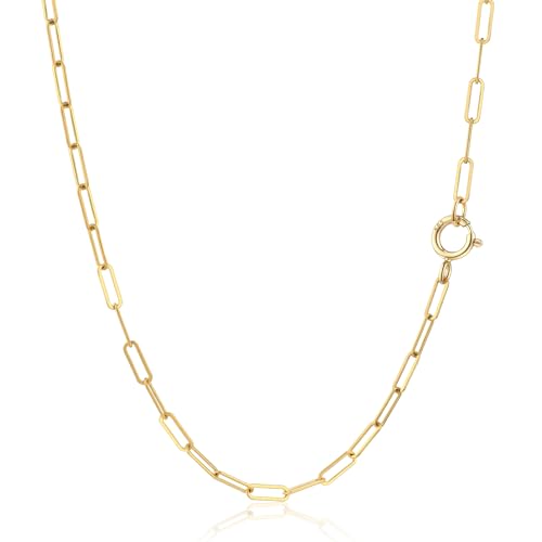 14K Gold Paperclip Necklace, Real Gold Rectangular Link Chain 2mm, 16-24 Inches for Women Men, Hypoallergenic, Non-Tarnish, Dainty Layering Minimalist Jewelry
