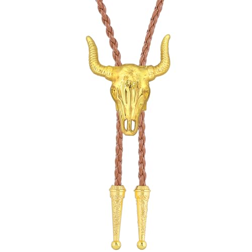 Image of GelConnie Longhorn Bull Bolo Tie for Men Native American Western Cowboy Leather Necktie Bolo Necklace for Women Gold Texas