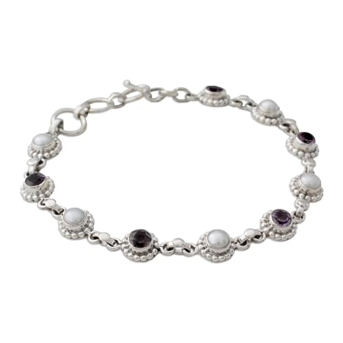 NOVICA Artisan Handmade Cultured Pearl Amethyst Link Bracelet Sterling Silver Purple White India Floral Birthstone [bracelet 7.75 in min L x 8.75 in max L 8 mm W] ' Petite Flowers'2
