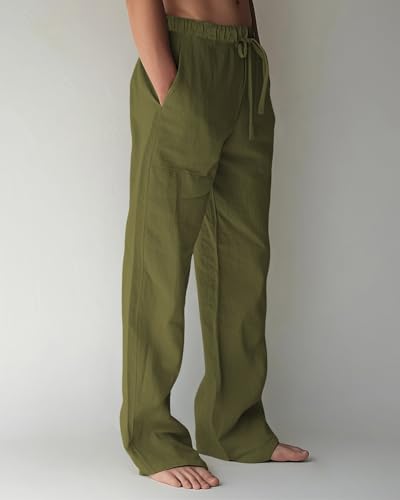 Image of PIDOGYM Mens Cotton Linen Pants, Summer Beach Pants Casual Loose Fit with Elastic Waist Drawstring