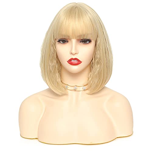 BLSWANER Blonde Wigs for Women Bob Wig with Bangs Cosplay Wigs Straight Hair Layered Curly Wavy Hair Wig Synthetic Colorful Wigs for Women