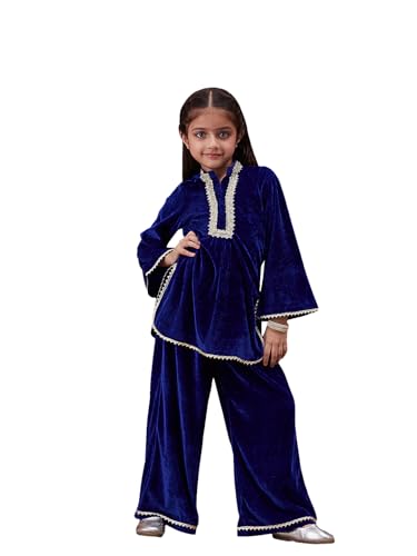 Image of Pspeaches Girls Ethnic Green & Pink Velvet Full Sleeves Solid Kurta and Pant with Dupatta 3 Piece Set