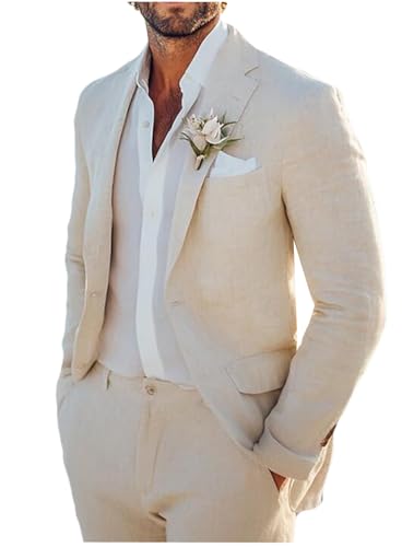 ORBITRAY Men's Beach Wedding Linen Suits Beige Solid Colored 2 Piece Lightweight Casual Suit Men Single Breasted One-Button