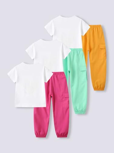 Image of Girls 4 Pieces Outfits Short Sleeve Printed Tee Tops and Pants Set 4-12Y