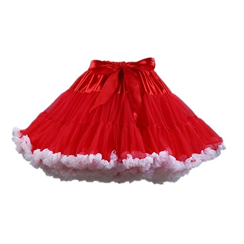 Homipooty Damen Elastische Taille Tüll Petticoat Tutu Party Mehrschichtiger Puffy Cosplay Rock Unterrock, Länge 40 cm, Taille 56-100 cm Rot-Weiss
