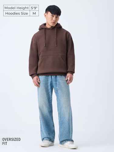 Image of The Souled Store Ninja Cops: Brownstone Men and Boys Full Sleeves Hooded Neck Brown Solid Cotton Blend Oversized Fit Heavy Fleece Streetwear Winter Wear Pullover Hoodie
