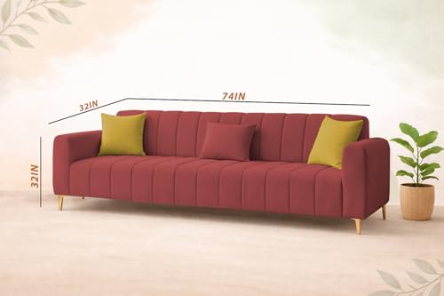 Image of Casaliving Velour Modern Velvet Sofa, Tufted Design Upholstered 3 Seater Sofa Set for Living Room, (Maroon Colour) Premium Velvet Fabric Sofa