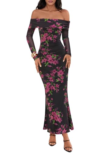 MEROKEETY Women's Fall Off Shoulder Floral Maxi Dresses Formal Long Sleeve Bodycon Cocktail Wedding Guest Dress, Black, X-Large