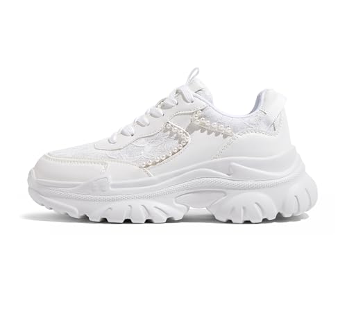 LUCKY STEP Chunky Sneakers for Women Fashion Platform Lace Pearl-Like Beaded Chain Classic Dad Casual Platform Walking Shoes(White,9)