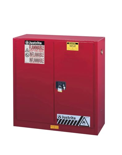 Image of Justrite 40 Gallon Manual Close Paint and Ink Safety Cabinet, 18 Gauge Steel, 3 Shelves, 43 inch x 44 inch x 18 inch, 2 Door Combustibles Cabinet, Made in The USA, Red, 893011
