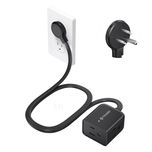 Image of TROND Short Flat Extension Cord 3ft - Right Angled Flat Plug Power Strip, ETL Listed, 3 Plug Extension Outlets, Three Prong, 16 Gauge Wire, 13A, Small for Indoor Home Office Cruise Ship Travel, Black