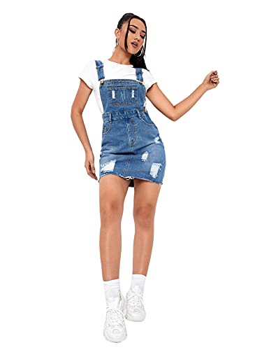 Sweatyrocks Women's Distressed Adjustable Strap Denim Overall Dress Blue M #TOP4