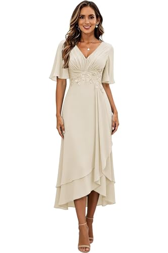 Image of Lace Applique Mother of Bride Dresses Chiffon Mother of the Groom Dresses Tea Length Formal Evening Dress with Sleeve