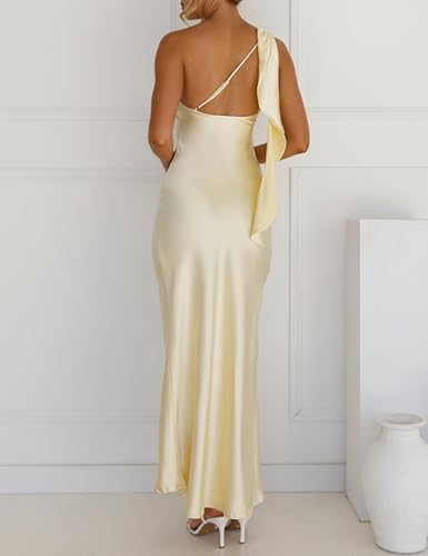Image of 2026 Satin One Shoulder Maxi Dress for Women Summer Silk Formal Elegant Backless Ruffle Sleeveless Wedding Guest Dresses