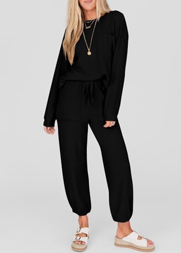 KIRUNDO Lounge Sets for Women 2025 Fall Travel Airport Outfits Ribbed Knit Tops Jogger Pants Tracksuit Postpartum Comfy Set2