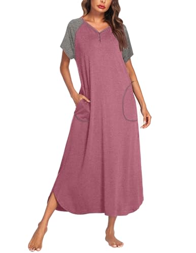 Image of Ekouaer Long Nightgown Women's Loungewear Short Sleeve Sleepwear Full Length Sleep Shirt with Pockets