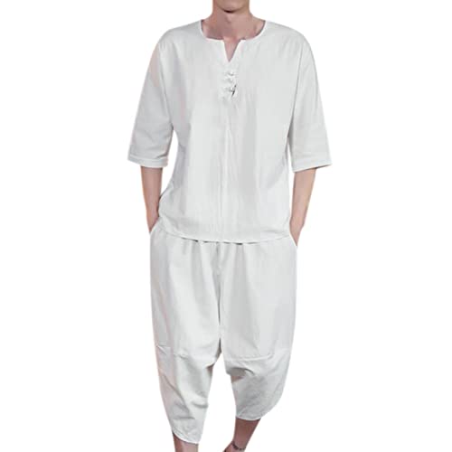 Men 2 Piece Shorts Outfits Cotton Linen Tracksuit Sets Short Sleeve V Neck Tops+Long Pants Set Beachwear Jogging Suit White, 5X-Large