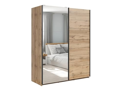 PEGANE Armoire Placard à 2 Portes coulissantes Dont 1 Porte avec Miroir Coloris Chêne wotan - Longueur 153,5 x Profondeur 60 x Hauteur 195,5 cm