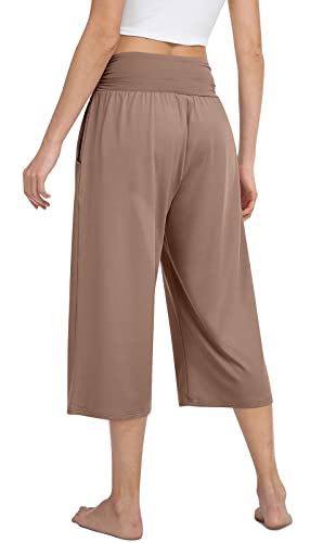 Tarse Women's Summer High Waisted Capri Pants Plus Size Casual Wide Leg Yoga Pants Loose Soft Pajamas With Pockets Sweatpants(Lightcoffee,Xxxl 3Xl) #TOP2