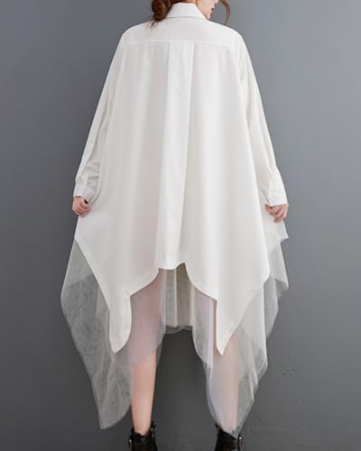 Image of ellazhu Women's Casual Solid Long Sleeve Irregular Tulle Shirt Dress GZ45